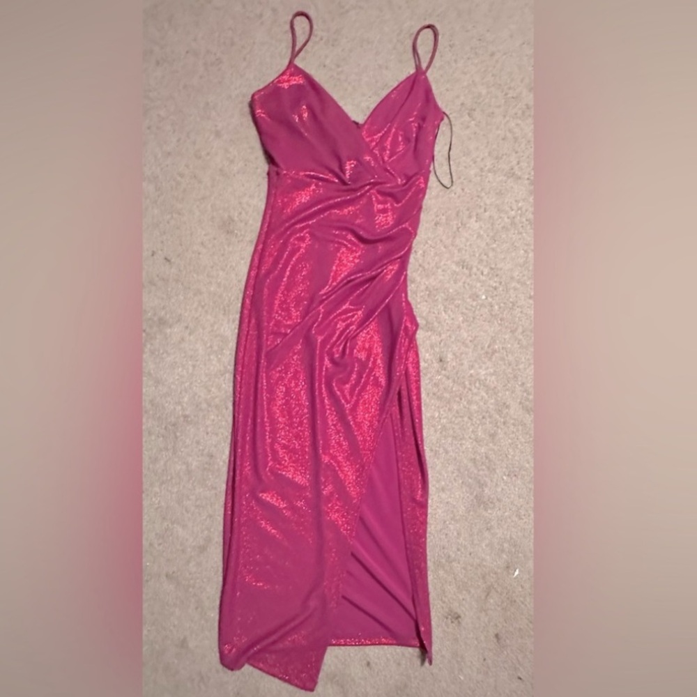 spaghetti strap windsor magenta maxi dress with a thigh high slit